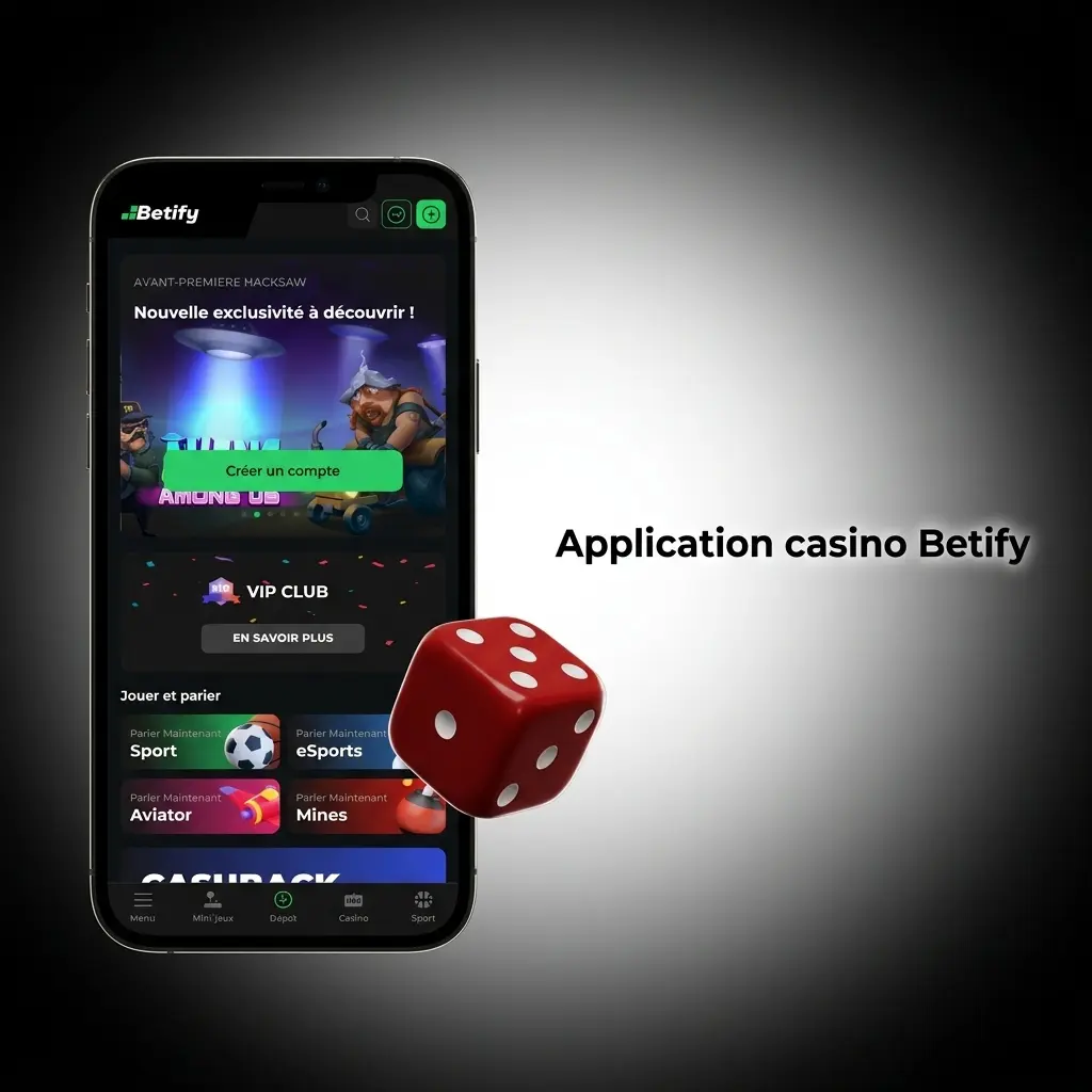 Écran d'accueil de l'application casino Betify avec machines à sous, jeux de table et croupiers en direct