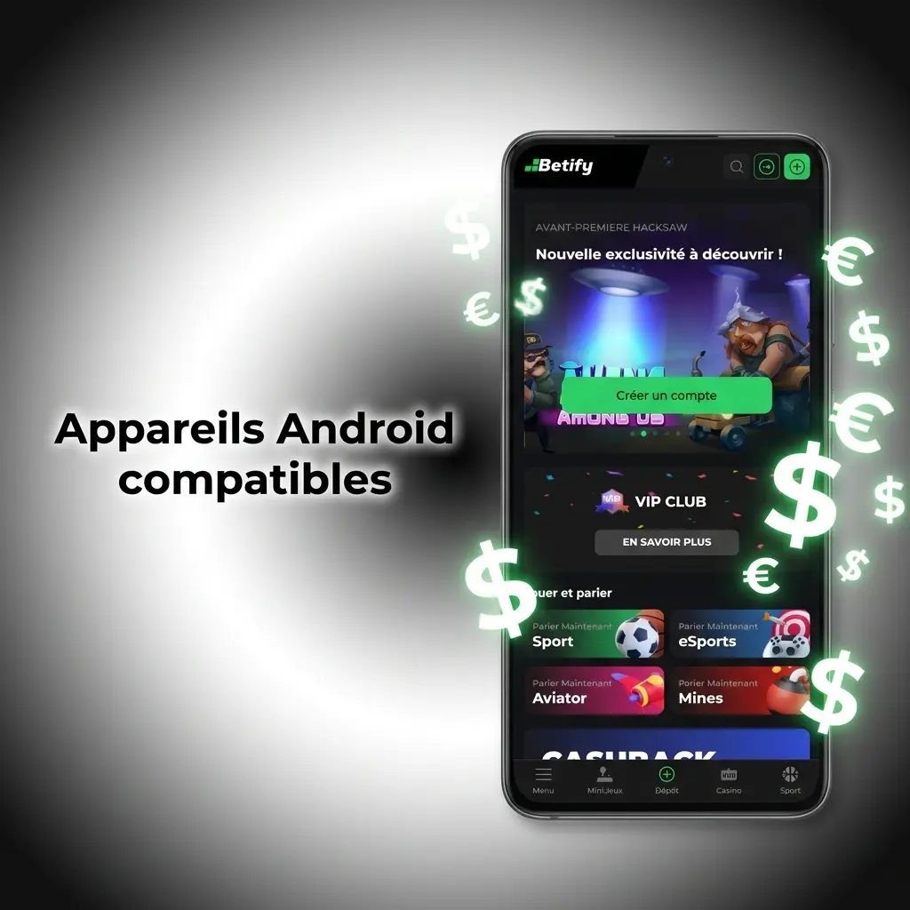 Appareils Android compatibles avec Betify : Samsung Galaxy S23, Xiaomi Redmi Note 12, Google Pixel 8 et autres modèles populaires