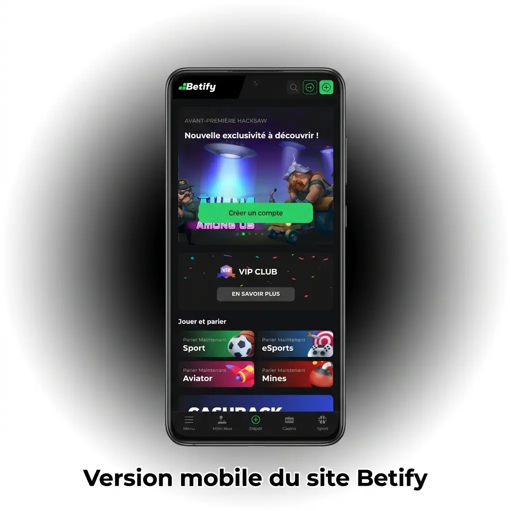 Site mobile Betify accessible depuis navigateur, paris sportifs et casino sans téléchargement sur smartphone ou tablette